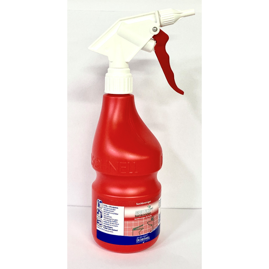 Die DR.SCHNELL GmbH & Co. KGaA Dr. Schnell Handsprüher leer 600 ml, eine rote Kunststoffsprühflasche mit weiß-roter Auslösetülle und Anwendungssymbolen auf der Vorderseite, steht aufrecht auf einem schlichten weißen Hintergrund.