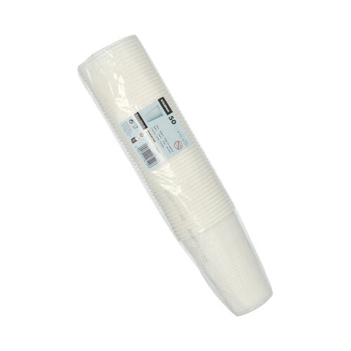 Ein kunststoffverpackter Stapel mit 50 weißen Starpak 0,5L PP-Trinkbechern (Ø 9,5 cm · 13,7 cm) mit Schaumstoffrand und Produktinformationen auf einem rechteckigen Etikett, das an der Verpackung angebracht ist.