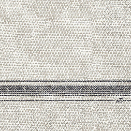 Dreilagige Zelltuchservietten 33 x 33 cm der Duni GmbH in schwarz mit zwei horizontalen dunkelgrauen Streifen im unteren Bereich und einem kleinen "Duni"-Logo im rechten Streifenbereich. Packung mit 50 Stück.