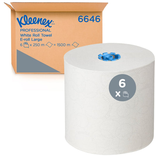 Eine große weiße Kleenex® Rollenhandtücher-Rolle der Kimberly-Clark GmbH wird vor einer Schachtel mit der Aufschrift "6646" gezeigt, die 6 hygienische 1-lagige Rollen mit einer Länge von je 250 m (insgesamt 1500 m) enthält, E-Rolle Large, Weiß.