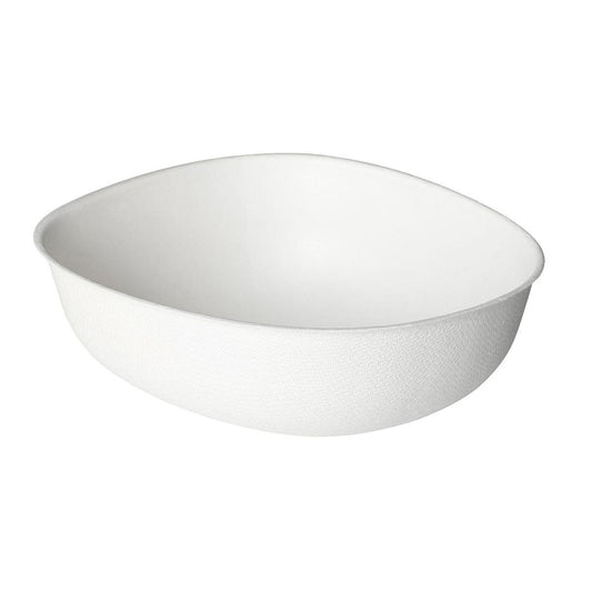 Ein schlichter, weißer, ovaler Einwegbecher (Bowls Pebble 500 ml - uncoated Weiß Bagasse 150x130x50 by Duni GmbH, Packung mit 50 Stück), mit leicht strukturierter Oberfläche, fotografiert auf weißem Hintergrund.