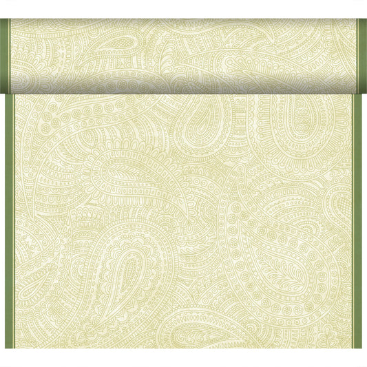 Eine Tapetenrolle mit einem hellgrünen und cremefarbenen Paisleymuster, umrandet von vertikalen grünen Kanten, ist ideal für die Kombination mit dem Duni GmbH Bio-Dunicel Tete-a-Tete Tischläufer 0,4x24m.