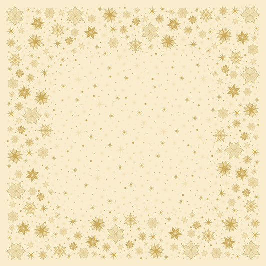 Die Bio-Dunicel-Mitteldecke 84x84cm Stargazing cream von Duni GmbH hat einen hellgelben Hintergrund mit einer goldenen Schneeflocken- und Sternenbordüre, die an den Rändern dicht und zur Mitte hin spärlicher ist - ideal für die Tischdekoration. Packung mit 20 Stück.