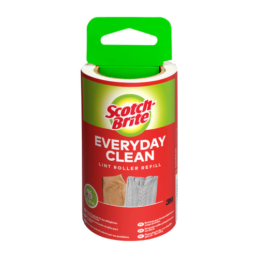 Eine Scotch-Brite™ Everyday Clean Ersatz-Fusselrolle von 3M Deutschland GmbH, mit rot-grünem Etikett und Bild von Pullover & Schlauch, enthält 30 Blatt pro Packung (1 Stück).