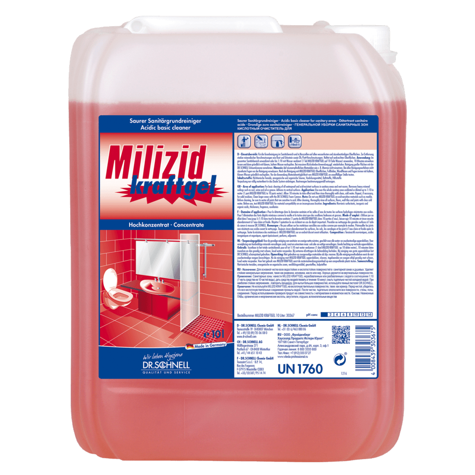 Een grote, doorzichtige kunststofbak van Dr. Schnell MILIZID Kraftgel sanitairreiniger (zuur, voor grondige reiniging) van DR.SCHNELL GmbH & Co. KGaA, gevuld met rode vloeistof en voorzien van een Duitse gebruiksaanwijzing voor het verwijderen van minerale afzettingen.