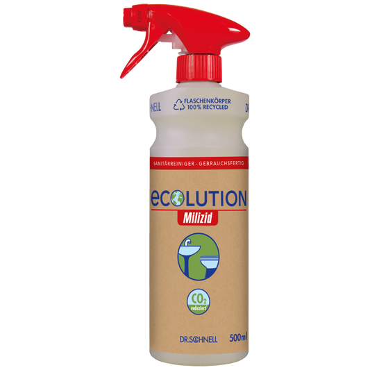 Die Dr. Schnell Handsprühflasche ECOLUTION leer 500 ml von DR.SCHNELL GmbH & Co. KGaA hat eine rote Düse, ein beiges Umweltzeichen mit CO₂-Reduktionssymbolen und ist eine umweltfreundliche Sprühflasche aus recyceltem Material.