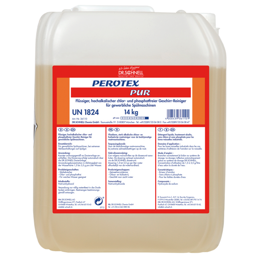 Ein 14 kg durchsichtiger Kunststoffbehälter von Dr. Schnell PEROTEX PUR Geschirrreiniger für gewerbliche Spülmaschinen von DR.SCHNELL GmbH & Co. KGaA, mit einem Etikett in deutscher Sprache, auf dem Produktdetails, Inhaltsstoffe, Anwendungshinweise und Sicherheitswarnungen aufgeführt sind.