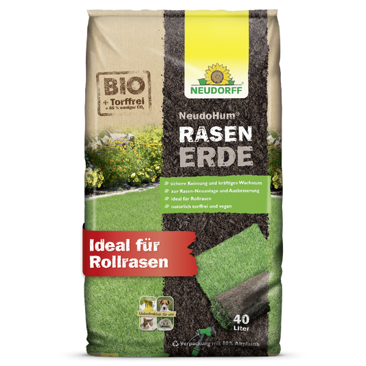 Der Neudorff Shop NeudoHum RasenErde ist eine 40L biologische, torffreie, vegane Rasenerde - ideal zum Anlegen von grünem Rasen oder Rollrasen, wie er auf der Rasenverpackung abgebildet ist. Perfekt für Rasenfläche und gesundes Wachstum.