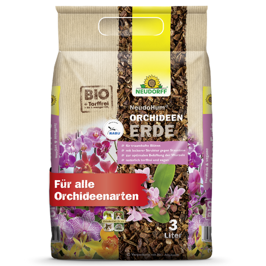 Ein 3-Liter-Beutel NeudoHum OrchideenErde von Neudorff Shop, mit Orchideenmotiven auf der Verpackung. Sie ist für alle Orchideen geeignet, unterstützt ein gesundes Wurzelwachstum und macht die Pflege Ihrer Pflanzen einfach.