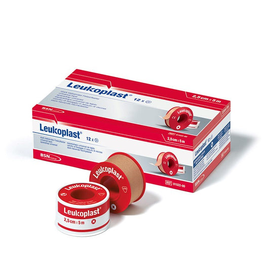 Leukoplast rolpleister 5m x 2,5cm rood in beschermring voor wonden | Pak (12 rollen)