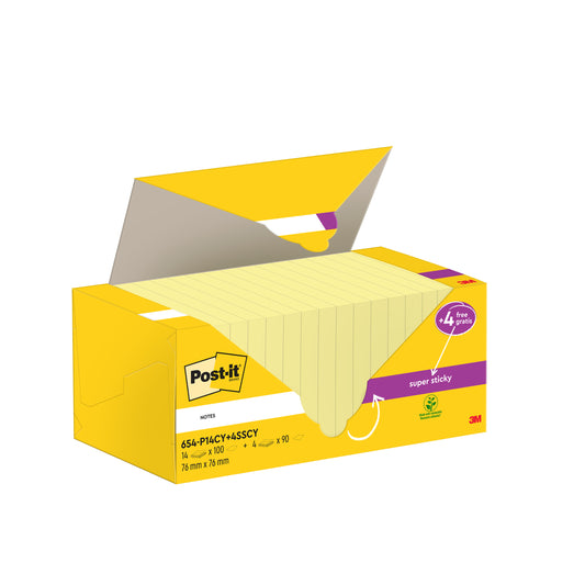 Eine geöffnete gelbe Schachtel Post-it® Notes (76x76 mm, 14 Blöcke à 100 Blatt) mit 4 kostenlosen Super Sticky Notes Blöcke (90 Blatt), PEFC-zertifiziert von 3M Deutschland GmbH.