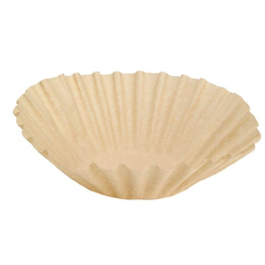 Ein einzelner Duni GmbH Kaffeefilter Brewmatic, 1,8 l, Ø110 mm aus braunem Papier (Packung: 250 Stück) ist auf weißem Hintergrund zu sehen. Der unbenutzte Filter hat geriffelte Seiten und einen flachen Boden - ideal für frischen Kaffeegenuss.