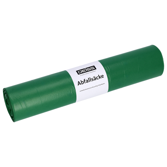 Eine Rolle DEISS 52001 Müllsäcke (700x1100 mm, Typ 20, grün, 50 Stück) der EMIL DEISS KG (GmbH + Co.) liegt auf einem unifarbenen weißen Untergrund mit einem weißen Etikett, das die Marke und die Produktangaben zeigt.