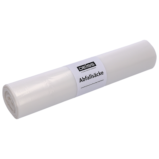Abgebildet ist eine 50er-Packung EMIL DEISS KG (GmbH + Co.) DEISS 59903 transparente Müllsäcke (620x750 mm), eingewickelt in klarem Kunststoff und beschriftet mit "Deiss Abfallsäcke", auf einfarbig weißem Hintergrund.