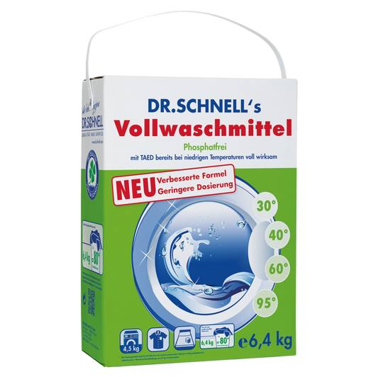 Eine 6,4 kg-Packung DR.SCHNELL GmbH & Co. KGaA's DR.SCHNELL'S VOLLWASCHMITTEL Waschmittel mit Griff, in grün-weißer Verpackung mit blauen Akzenten, geeignet für 30°C bis 95°C professionelle Reinigung.