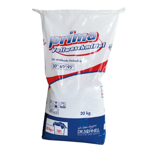 Eine 20 kg Packung Dr. Schnell PRIMA Vollwaschmittel Textilhygiene Pulver der DR.SCHNELL GmbH & Co. KGaA, für Wäschehygiene, in rot-blau-weißer Verpackung mit 30°, 60°, 95° Symbolen und deutschen Angaben.