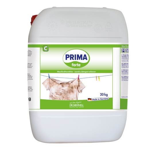 Ein weißer 20-kg-Behälter von Dr. Schnell PRIMA FORTE der DR.SCHNELL GmbH & Co. KGaA, mit einem grün-weißen Etikett, auf dem ein schmutziges Hemd auf einer Wäscheleine abgebildet ist. Ideal für die professionelle Reinigung; entfernt hartnäckige Flecken. Auf dem Etikett steht "Made in Germany".
