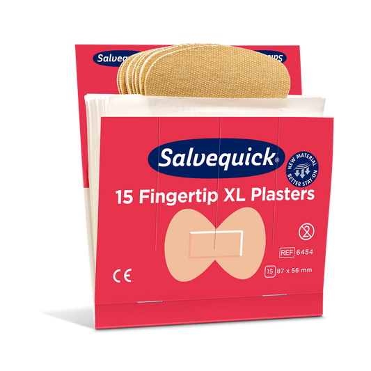 Eine Packung Orkla Wound Care AB XL Fingertip Textilpflaster (15 Stück/Mine | Packung, 6 Stück) mit flexiblen beigen Pflastern in einer rot-weißen Schachtel, jedes Pflaster 87 x 56 mm groß.