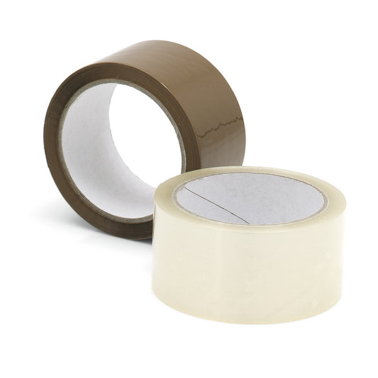 Zwei Rollen Nölle Profi Brush Packband von Nölle Profi Brush Bürsten- & Pinseltechnik e.K. - eine braune und eine durchsichtige - sind auf weißem Hintergrund abgebildet, jeweils teilweise aufgerollt, um die Klebeseite zum einfachen Verpacken zu zeigen.