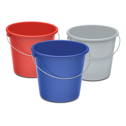 Drei Nölle Profi Brush Haushaltseimer 5 Liter aus Kunststoff mit Metallhenkel in Rot, Blau und Grau von Nölle Profi Brush Bürsten- & Pinseltechnik e.K. als praktisches Reinigungszubehör auf weißem Hintergrund.