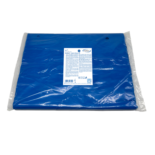 MaiMed-Schort Heavy PE, schort van PE 75x125cm blauw, 50 stuks/pak, geblokt, glad oppervlak | Pak (50 stuks)