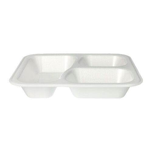 Die Starpak 100 Siegelschalen sind weiße, laminierte XPS-Lebensmittelschalen mit drei Fächern (925 ml, 4,2 x 21,2 x 25 cm), ideal zum Trennen von Lebensmitteln. Lieferung zu 100 Stück im Folienbeutel.
