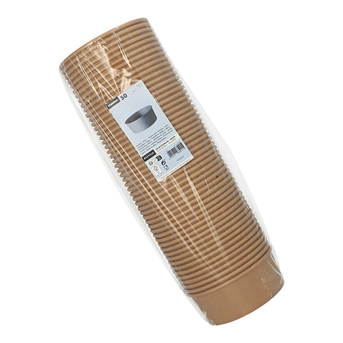 Eine Packung mit 50 Starpak Salatschalen, runde, braune Papierschalen mit PE-Beschichtung, in durchsichtiger Plastikfolie mit weißem Info-Etikett – perfekt für eine umweltfreundliche Verpackung. Marke: Starpak.