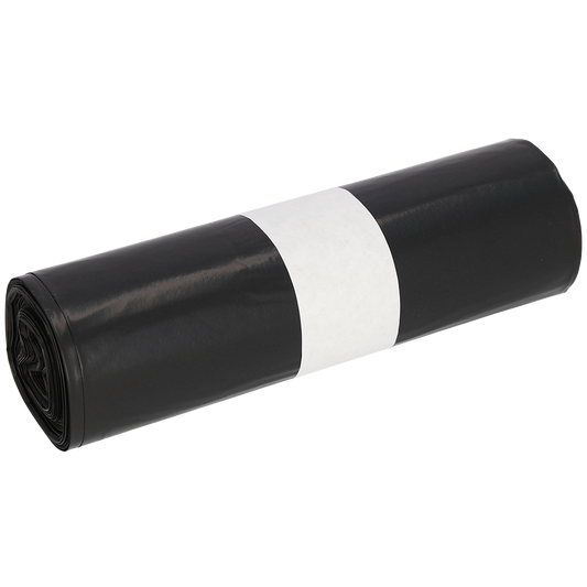 Abgebildet ist eine Rolle EMIL DEISS KG (GmbH + Co.) DEISS 95005 Müllbeutel, 200+180x540 mm Typ 70 schwarz (25 Stück), gesichert mit einem einfachen weißen Papierband, auf weißem Hintergrund.