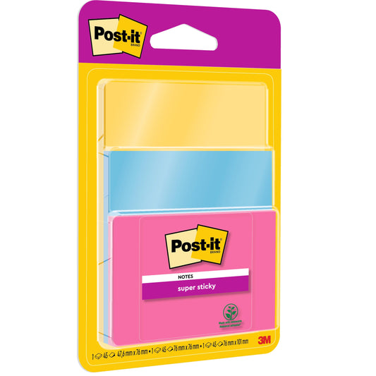 Eine Packung 3M Post-it® Super Sticky Notes, 3 Blöcke in verschiedenen Farben und Größen, mit je 45 Blatt, PEFC-zertifiziert (SGSCH-PEFC-COC-110078), von 3M Deutschland GmbH.