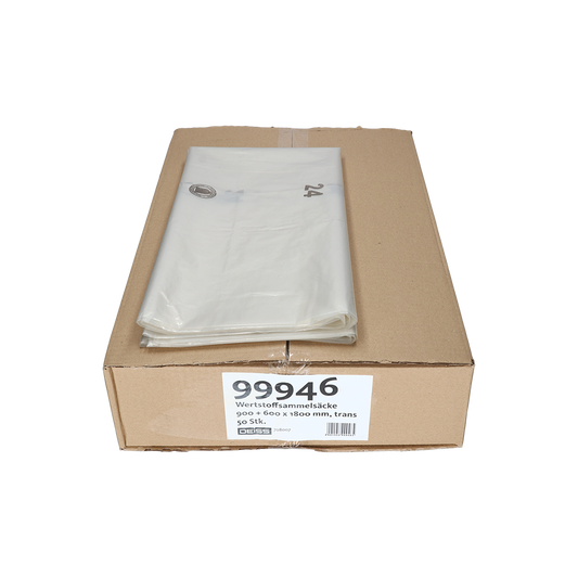 Ein Karton der EMIL DEISS KG (GmbH + Co.) DEISS 99946 Typ 80 transparent Müllsäcke, 900+600x1800 mm, Karton mit 50 Rollen, wird auf einem schlichten weißen Hintergrund präsentiert.