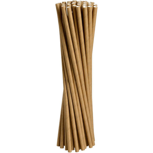 Ein Bündel von Abena Re-Seller GmbH Trinkhalme Papier, Braun (19,5 cm, ø 6 mm), Packung mit 250 Paaren, steht aufrecht und leicht geneigt beieinander, wobei die weißen Innenflächen oben sichtbar sind.