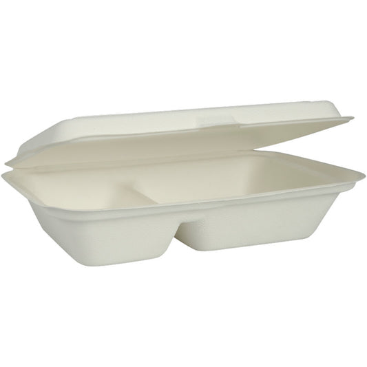 Abgebildet ist eine offene, weiße rechteckige Abena Re-Seller GmbH Menübox (Bagasse, 2-geteilt, 25x16,2x6,3 cm) mit anhängendem Deckel; sie ist biologisch abbaubar und kommt in einer Packung von 50 Stück.