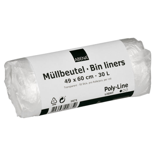 Eine Rolle Abena Re-Seller GmbH Müllbeutel 30 L, 490x600 mm, 4,5 my HDPE, transparent (50 Beutel pro Rolle) mit einem weißen Etikett mit Produktangaben in Deutsch und Englisch.