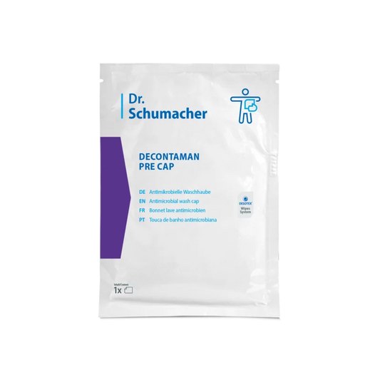 Die Dr. Schumacher Decontaman Pre Cap Waschhaube | Packung (1 Haube) von Dr. Schumacher GmbH kommt in einer weißen Packung mit blau/violetter Schrift und mehrsprachigen Infos - perfekt für die antimikrobielle Reinigung mit der DECONTAMAN CAP Waschhaube.