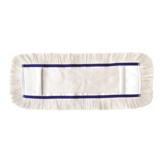 Der Arcora First Mopp Blau von Arcora International GmbH ist ein rechteckiger Moppkopf mit weißen Fransenrändern, einer Stoffmitte und einem dünnen blauen Rand, perfekt für die Unterhaltsreinigung verschiedener Bodenbeläge. Hier vor weißem Hintergrund abgebildet.