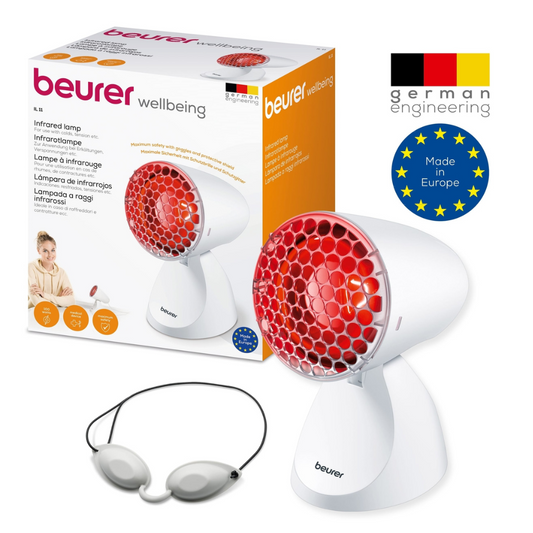 Eine Beurer Infrarotlampe IL 11 (Auslaufartikel) der Beurer GmbH wird mit ihrer Verpackung gezeigt. Die Verpackung hebt die deutsche Technik, das Branding des Produkts und die Tatsache, dass es in Europa hergestellt wird, hervor.