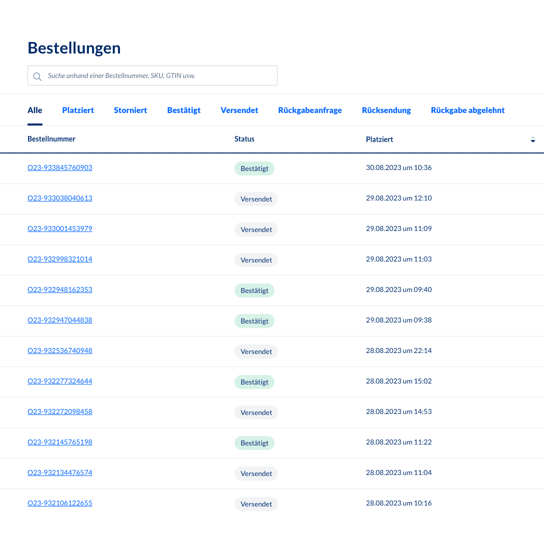 Een screenshot van het backend-bestelbeheersysteem Altruan MetroSync: Metro Market naar Weclapp Bestelverwerking, dat een tabel met bestelnummer en statusupdates toont. Elke rij bevat bestelnummer, status, SKU, aanmaakdatum en -tijd. De meeste statussen tonen
