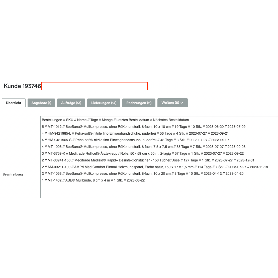 Een screenshot die een Altruan ClientView Orders-interface toont met verschillende tabbladen zoals 'Overzicht', 'Aanbiedingen' en meer. Helemaal bovenaan is het klantnummer 193746 gemarkeerd. Het volgende gedeelte toont het Weclapp-klantenoverzicht na gekochte producten.