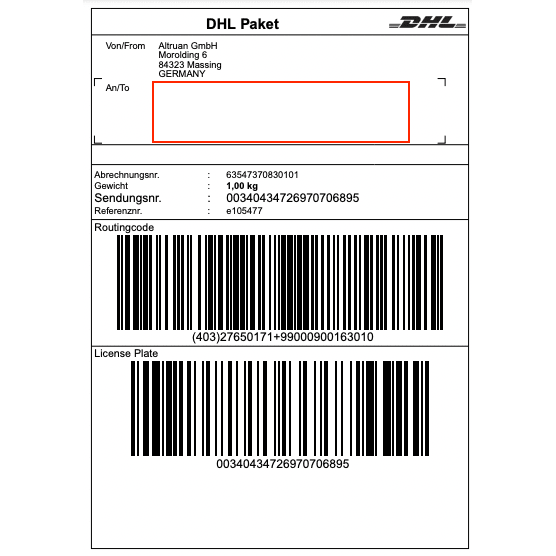 Een DHL-label van Altruan GmbH (Morolding 6, 84323 Massing, Duitsland) bevat barcodes en een gewicht van 1,00 kg met het volgnummer 00340434276970706895. Het ontvangeradres is leeg voor updates via de PackMaster-app: Weclapp Logistiek Packing App voor het verbeteren van de efficiëntie van verzendetiketten.