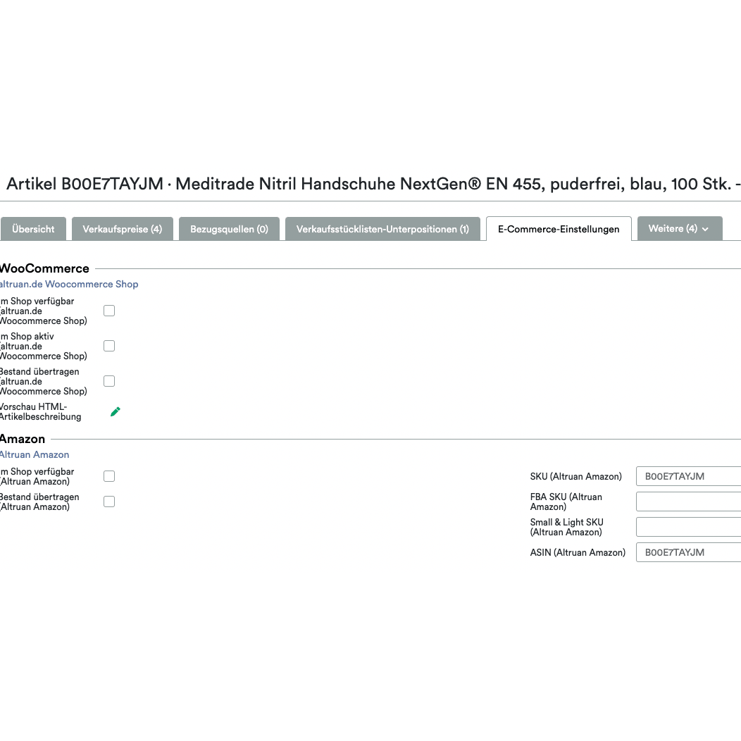 Screenshot van een Altruan UnitTable Sync: Weclapp Verpakkingseenheden en Stuklijstgenerator-interface, die de lijstdetails van Meditrade Nitrilhandschoenen NextGen EN 455 toont. Grootte en hoeveelheid zijn aangegeven. Ook zichtbaar zijn Marktplaats-S.