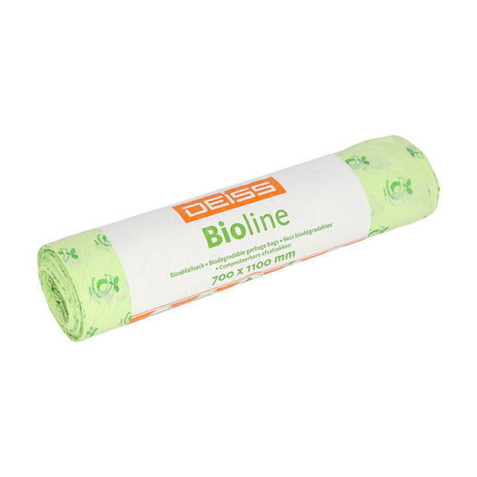 Eine Rolle grüner, biologisch abbaubarer DEISS Biomüllsäcke 120 Liter, mit der Aufschrift „EMIL DEISS KG (GmbH + Co.)“, mit den Abmessungen 700 x 1100 mm. Auf der Verpackung ist deutlich erkennbar der Schriftzug „biologisch abbaubar“ in mehreren Sprachen zu sehen.