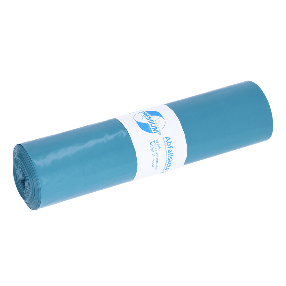 Een compacte rol blauwe vuilniszakken van gerecycled materiaal van EMIL DEISS KG (GmbH + Co.). Elke zak is in het midden voorzien van een wit etiket met tekst en logo en is ontworpen voor een inhoud van maximaal 120 liter afval.