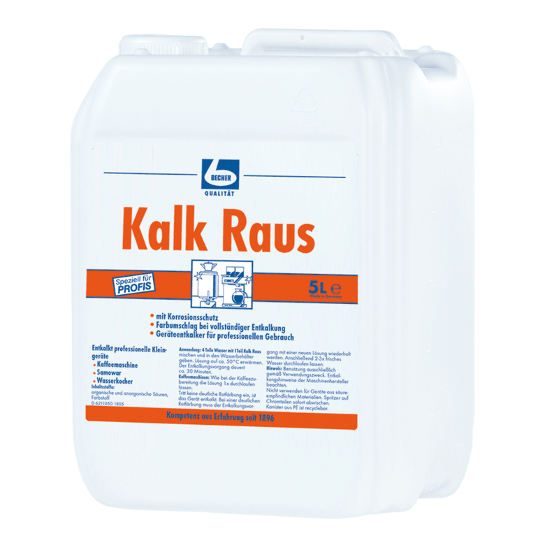 Een witte plastic kan met het opschrift „Dr. Becher "Kalk Raus Ontkalker voor keukenapparatuur" bevat 5 liter professionele ontkalker met een blauw en oranje merknaam en afbeeldingen met gebruiksaanwijzingen.