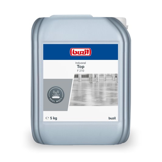 A 5 kg Kanister Induseal Top Versiegelung farblos-hellgelb von BUZIL-WERK Wagner GmbH & Co. KG mit blau-grauem Etikett - ideal als langlebige Versiegelungslösung.