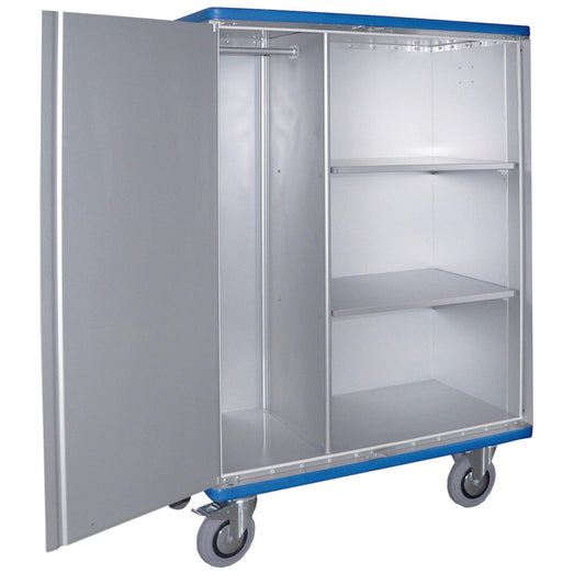 Der Novocal Schrankwagen aus eloxiertem Aluminium bietet mit 2 um 270° schwenkbaren Flügeltüren, Hängestange links und zwei verstellbaren Regalböden rechts flexible Aufbewahrung für Materialien. Packung: 1 Stück.