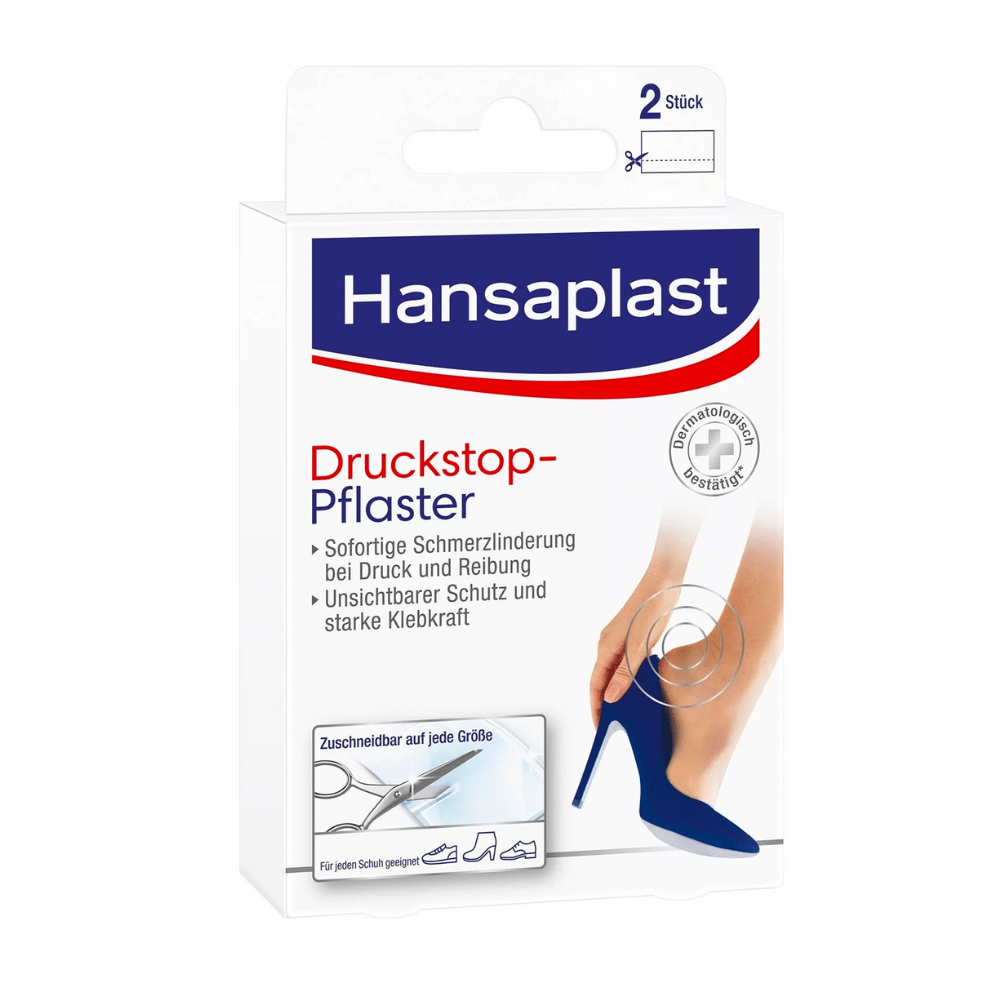 Verpakking van de Hansaplast Druckstop-pleister van Beiersdorf AG met de afbeelding van een vrouwenvoet in een hoge hak, die verlichting van drukpijn belooft. De tekst is in het Duits en benadrukt de beschermende werking.