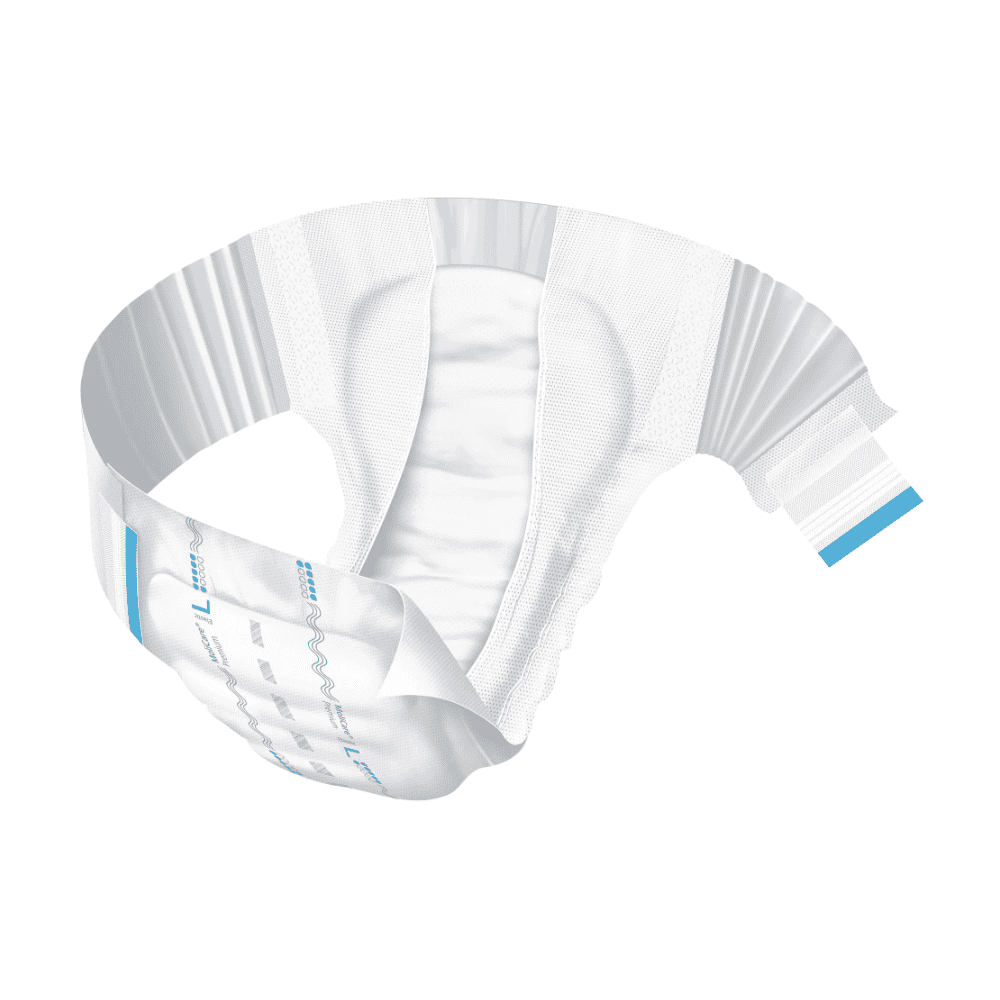 Een volwasserenluier uit de Hartmann MoliCare® Premium Elastic-lijn van Paul Hartmann AG, met een wit en blauw ontwerp, wordt in een golvende opstelling op een witte achtergrond afgebeeld, waardoor de absorberende en flexibele eigenschappen ervan worden benadrukt.