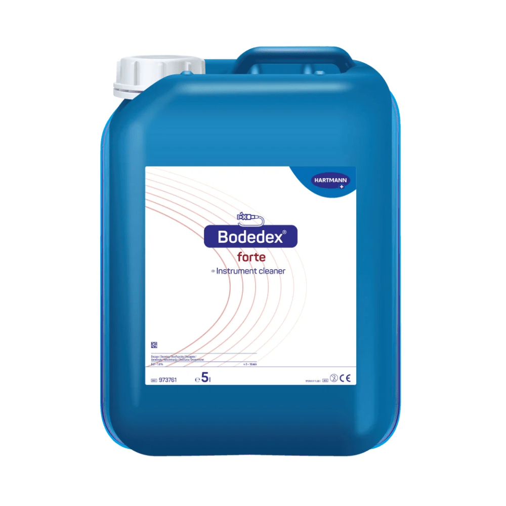 Een blauwe kunststofkanister met het opschrift 'Hartmann Bodedex® forte Instrumentenreiniger' van Paul Hartmann AG, met vulpeilmarkering en meertalige productbeschrijvingen.