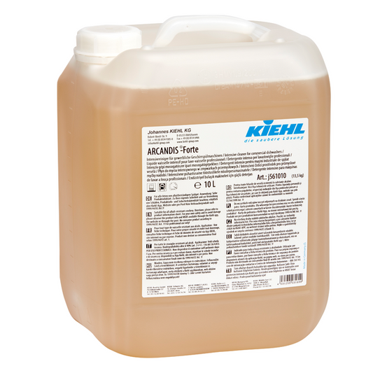 Ein 10-Liter-Behälter aus durchsichtigem Kunststoff mit weißem Schraubverschluss, gefüllt mit bernsteinfarbener Flüssigkeit. Auf dem Etikett steht in mehreren Sprachen "Kiehl ARCANDIS-Forte Intensivreiniger für gewerbliche Geschirrspülmaschinen" der Johannes Kiehl KG.