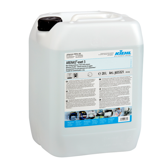 Ein 20-Liter-Behälter aus transluzentem Kunststoff mit dem Kiehl ARENAS-exet 3 Rost-Fleckenentferner der Johannes Kiehl KG mit schwarzem Schraubverschluss und mehrsprachigen Produktetiketten und Hinweisen auf der Vorderseite.